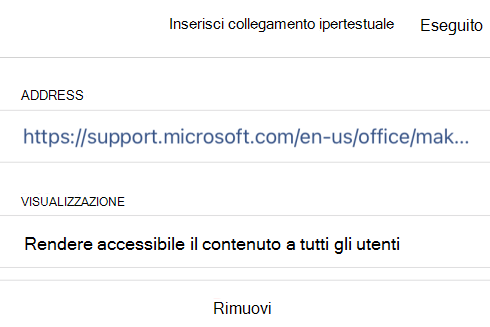 Finestra di dialogo Inserisci collegamento ipertestuale in OneNote per iOS con il testo visualizzato per il collegamento Rendere accessibile il contenuto a tutti gli utenti e il relativo URL del collegamento.