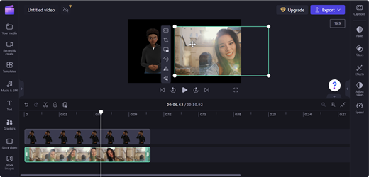 Screenshot di una pagina di editor di Clipchamp che illustra lo spostamento del clip video sul lato opposto dell'avatar.