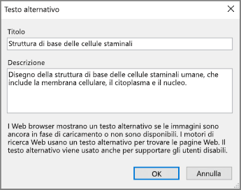 Screenshot della finestra di dialogo Testo alternativo in OneNote con testo di esempio nei campi Titolo e Descrizione.