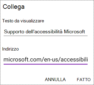 Finestra di dialogo Aggiungi collegamento ipertestuale in OneNote per Android