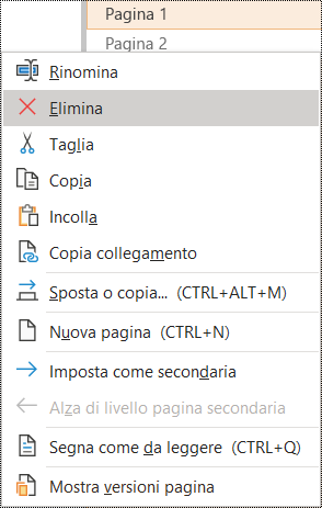Finestra di dialogo Elimina pagina in OneNote per Windows