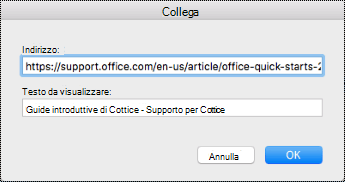 Finestra di dialogo Collegamento ipertestuale nel Mac.