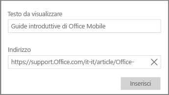 Screenshot della finestra di dialogo per l'aggiunta di un collegamento ipertestuale in OneNote per Windows 10.