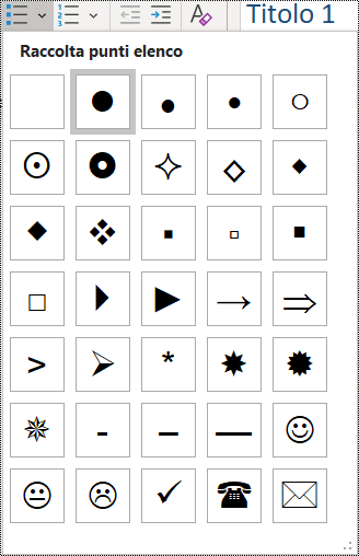 Screenshot della selezione di un elemento di un elenco puntato nel menu Home.