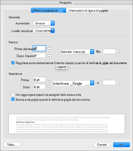 Finestra di dialogo Paragrafo in Outlook per Mac.