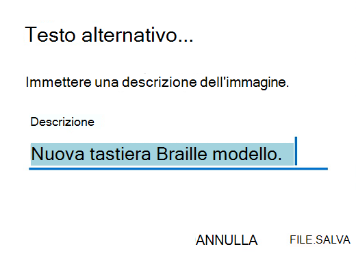 Finestra di dialogo Testo alternativo di Outlook per Android.