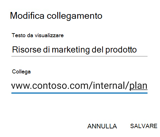 Finestra di dialogo Modifica collegamento in Outlook per Android.