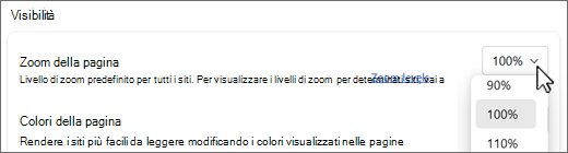 Schermata dell'elenco a discesa dei livelli di zoom della pagina.