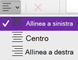Menu Allineamento paragrafo in OneNote per Mac.