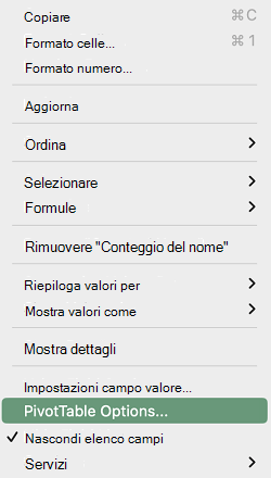 Opzioni tabella pivot nel menu di scelta rapida in Excel per Mac.