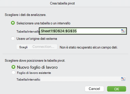 Finestra di dialogo Crea tabella pivot nel Mac.