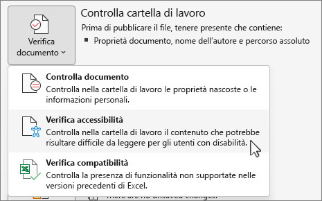 Verifica la presenza di problemi & la voce di menu Verifica accessibilità