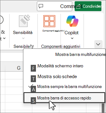 Comando della tastiera per visualizzare la barra di accesso rapido