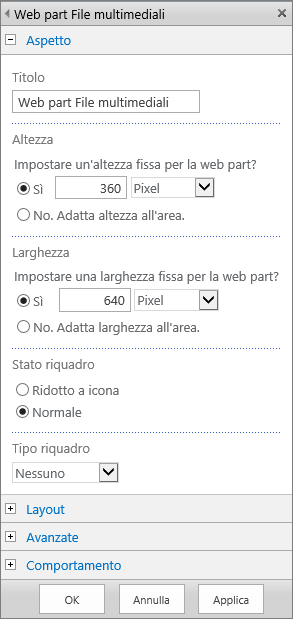 Screenshot della finestra di dialogo Web part File multimediali di SharePoint Online che consente di specificare le impostazioni correlate ad aspetto, layout, comportamento e caratteristiche avanzate per i file multimediali. Sono visualizzate le opzioni relative all'aspetto, inclusi il titolo, l'altezza, la larghezza, nonché il tipo e lo stato del riquadro.