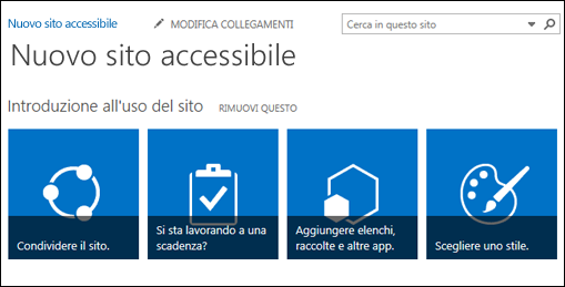Schermata del nuovo sito di SharePoint che mostra i riquadri usati per personalizzare il sito