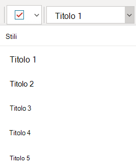 Menu Stili con stili titolo diversi in OneNote per Windows 10.