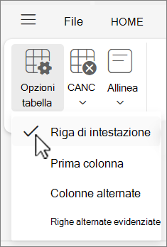 Menu Opzioni tabella con l'opzione Riga di intestazione selezionata in Outlook sul web.