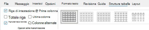 Opzione Intestazioni tabella selezionata sulla barra multifunzione di Outlook.