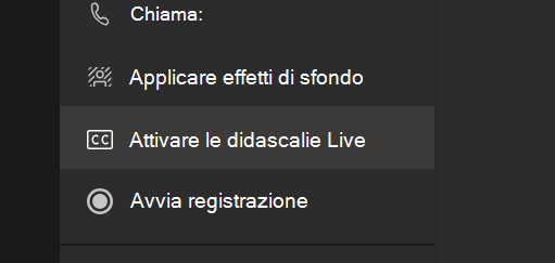 Opzione Attiva sottotitoli in tempo reale nel menu Opzioni riunione di Teams