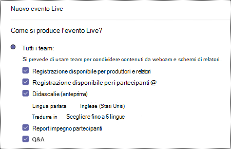 Finestra di dialogo per selezionare l'opzione Di controllo qualità per l'evento live di Teams durante la pianificazione di un evento.