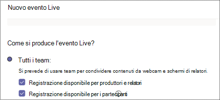 Finestra di dialogo per selezionare le opzioni di registrazione per un evento live di Teams durante la pianificazione dell'evento.