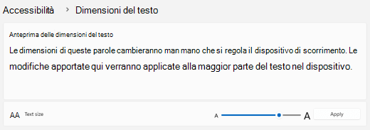 Windows 11 dispositivo di scorrimento Dimensioni testo