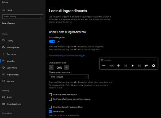 Colori dello schermo invertiti con Lente di ingrandimento attivata in Windows.