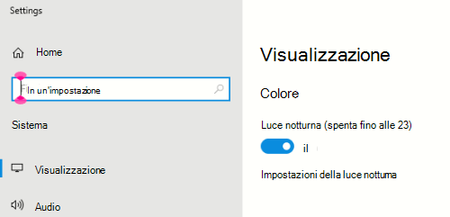 Opzione Luce notturna di Windows selezionata nelle impostazioni dello schermo.
