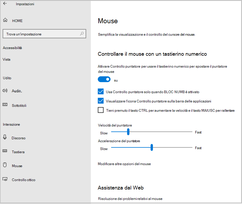 Screenshot che illustra come attivare Windows10Mousekeys