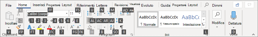 Suggerimenti per i tasti nella barra multifunzione di Word 365