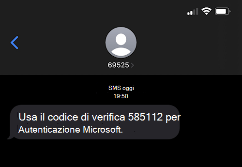 Screenshot che mostra un SMS di Microsoft numerato 69525