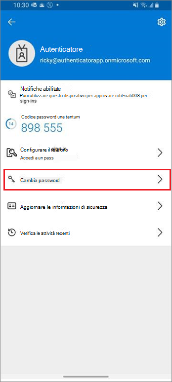 Home page dell'account aziendale o dell'istituto di istruzione con il collegamento Cambia password evidenziato
