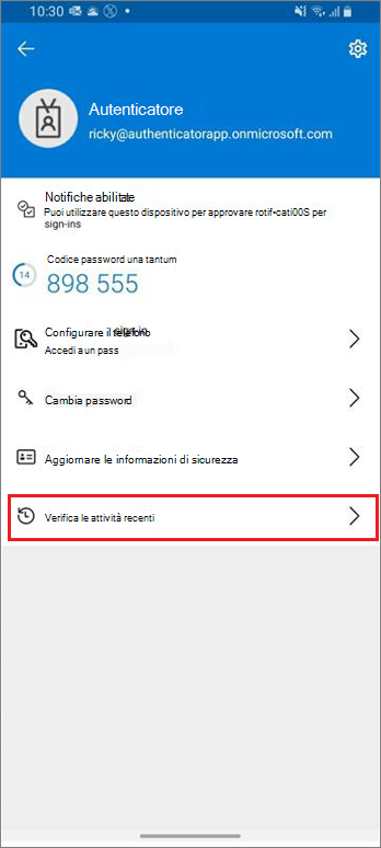 Home page dell'account aziendale o dell'istituto di istruzione, con il collegamento attività di accesso recente evidenziato