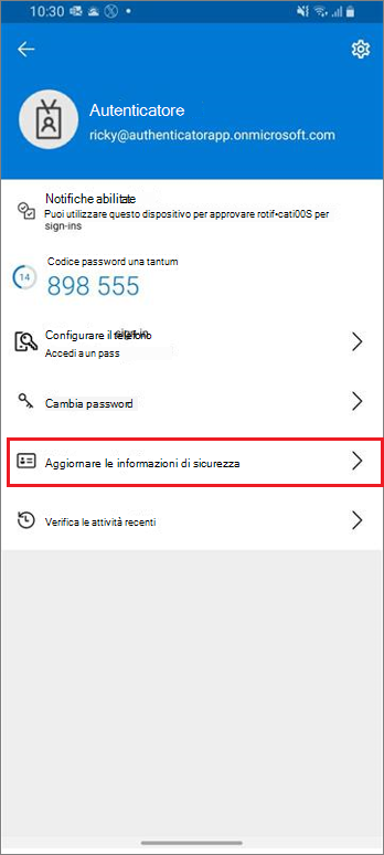 Home page dell'account aziendale o dell'istituto di istruzione con il collegamento Aggiorna informazioni di sicurezza evidenziato