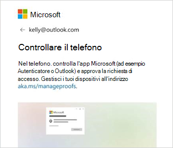 Screenshot che mostra la richiesta di accesso con un testo che indica di controllare l'app Outlook