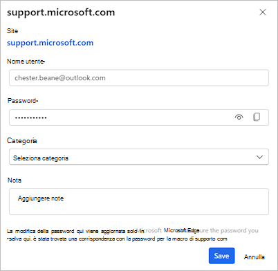 Finestra di dialogo Modifica password