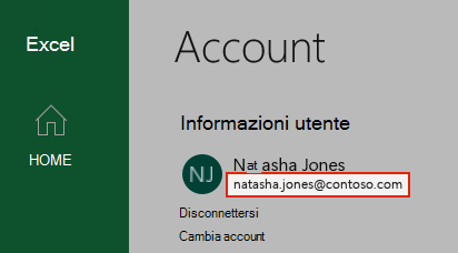Screenshot che mostra un account utente in Excel.