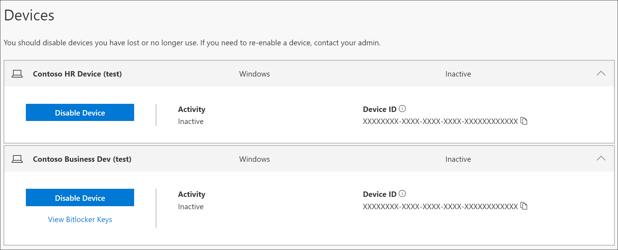 Pagina del dispositivo con l'opzione chiave BitLocker