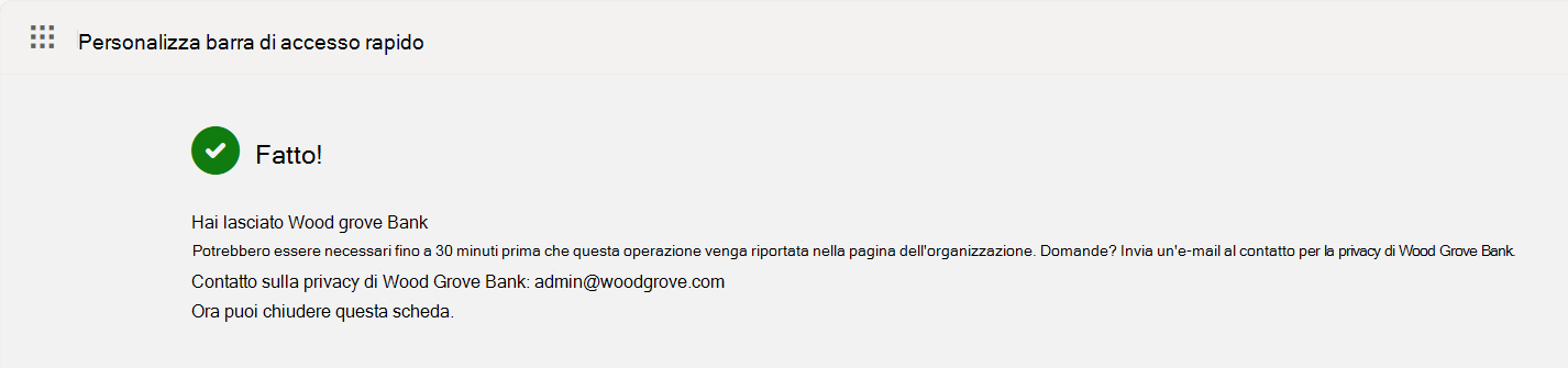 Screenshot che mostra la schermata di conferma Sinistra dell'organizzazione.