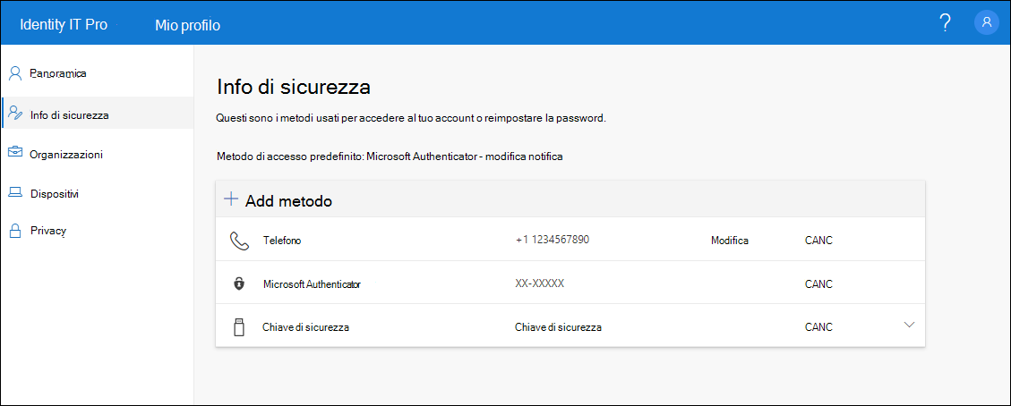 Pagina informazioni di sicurezza, con tutti i metodi registrati visualizzati