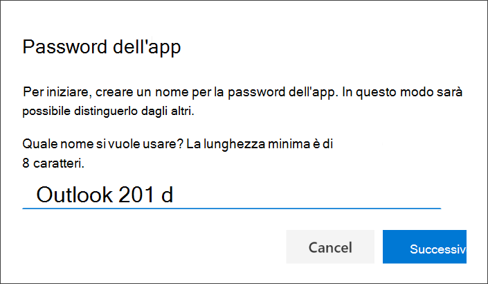 Screenshot che mostra la pagina Della password dell'app, con il nome dell'app immesso
