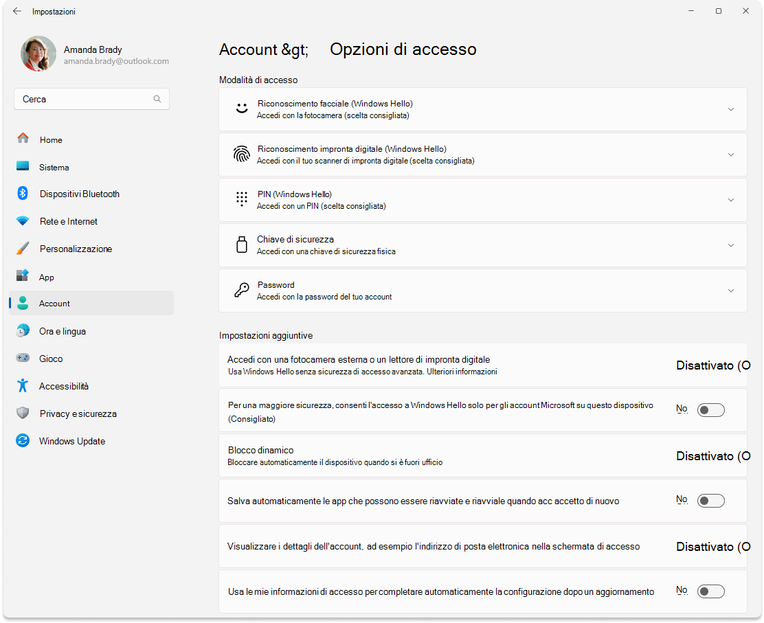 Screenshot della schermata delle opzioni di accesso alle impostazioni > .