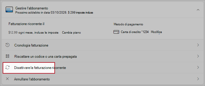 Screenshot che evidenzia la posizione del pulsante per disattivare la fatturazione ricorrente.