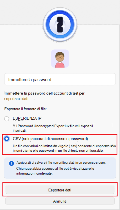 Finestra di dialogo esporta file di 1Password.
