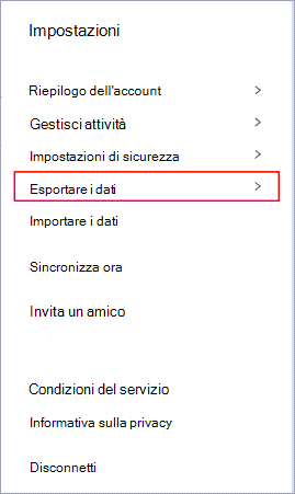 Menu impostazioni di Dashlane con l'opzione Esporta dati evidenziata.