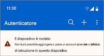 Screenshot che mostra un account aziendale o dell'istituto di istruzione bloccato in un dispositivo Android rootato in Microsoft Authenticator.