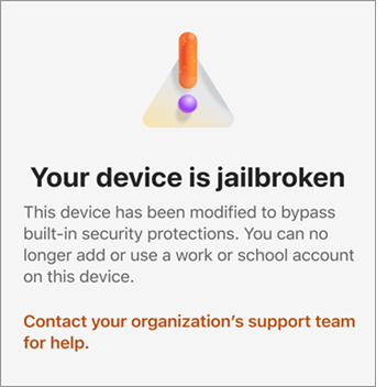 Screenshot che mostra l'errore Il tuo dispositivo è jailbroken in Microsoft Authenticator in iOS.
