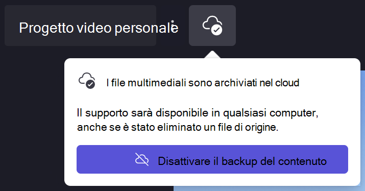 Immagine di Clipchamp dialogo di backup del contenuto