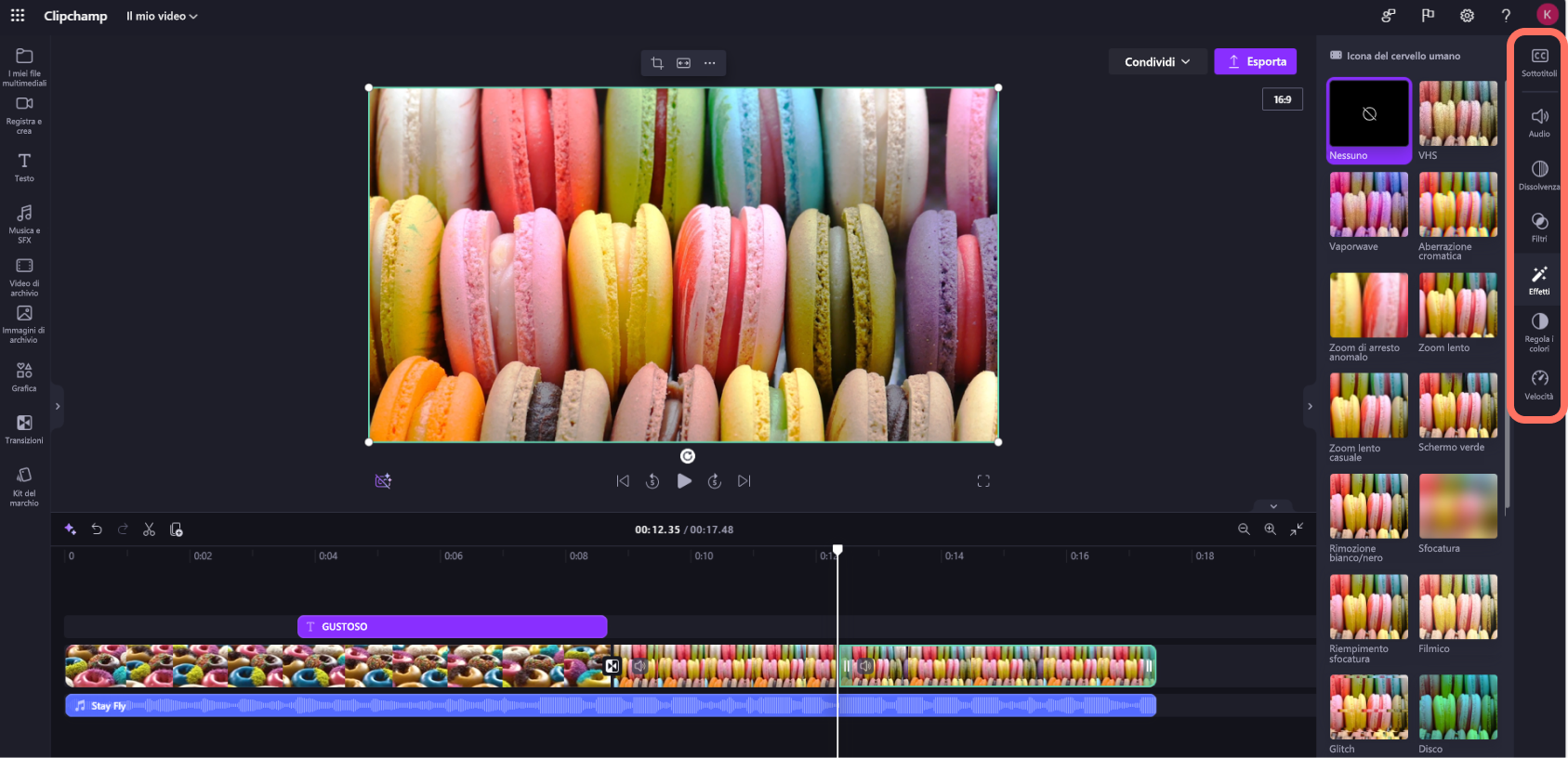 Una screenshot di un utente di Clipchamp per account aziendali che fa clic sulla scheda effetti nel pannello delle proprietà.
