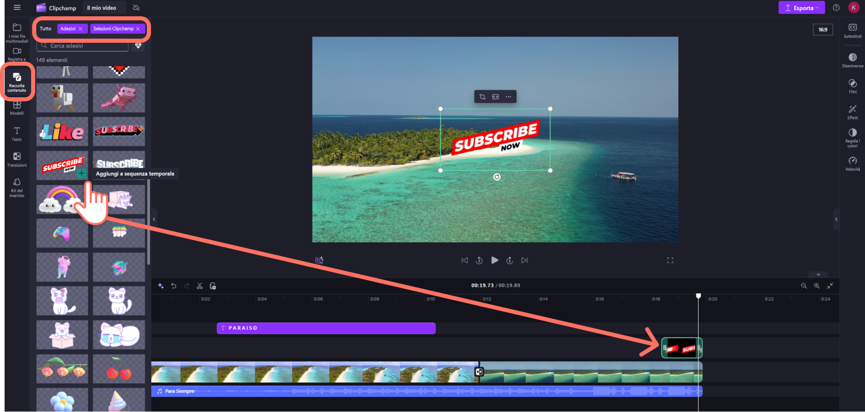 Una screenshot di un utente di Clipchamp per account personali che aggiunge un adesivo alla sequenza temporale.